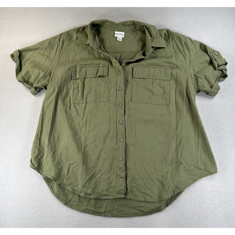 Ava & Viv Green Short Sleeve Button Up Utility Shirt Blouse Women's Size 1X